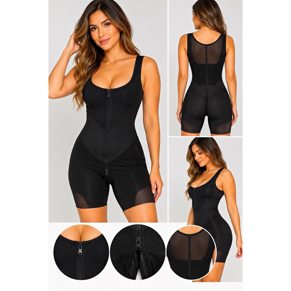 Feelingirl Black Full Body Shapewear Faja XS Zip Front Mesh Butt Lift Shorts NWT